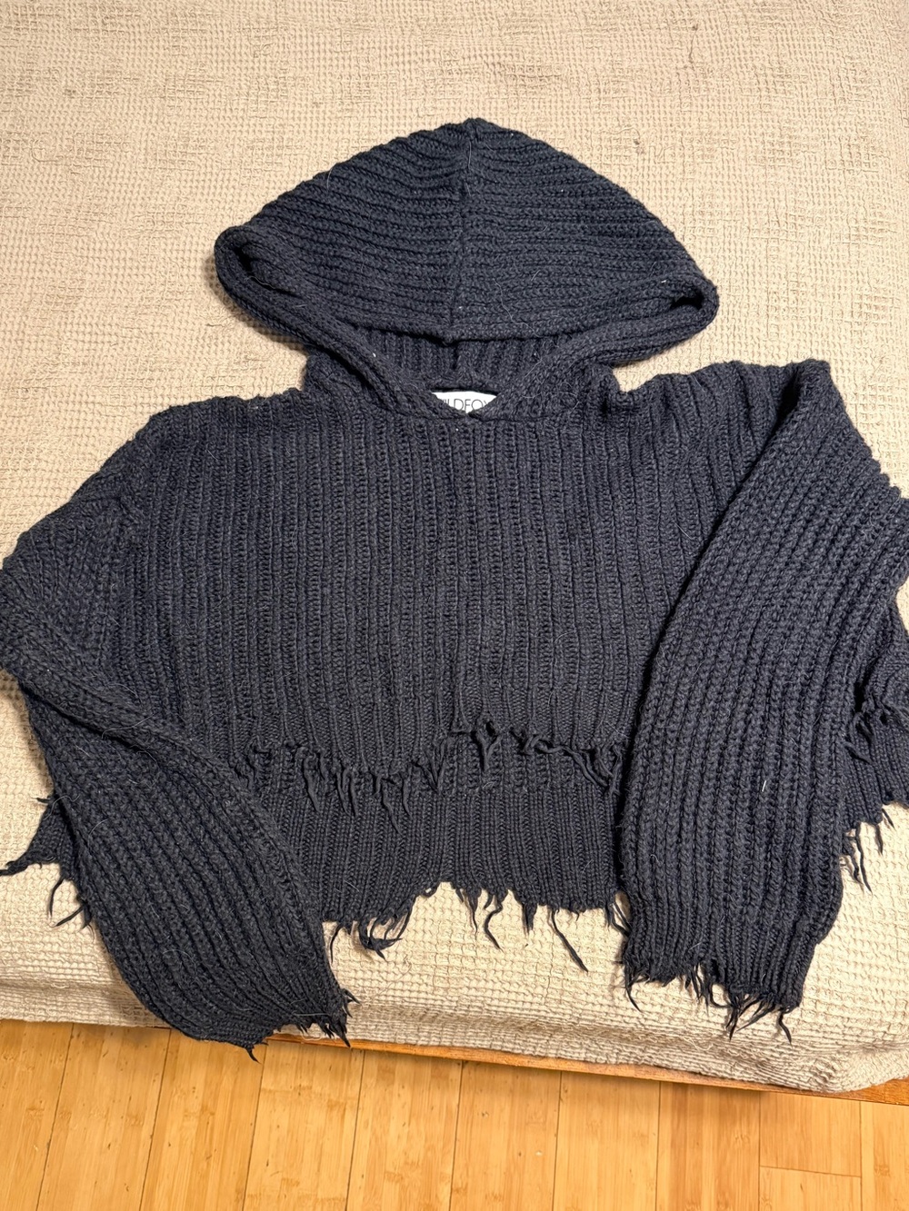 Wildfox Black Distressed Cropped Hooded Sweater